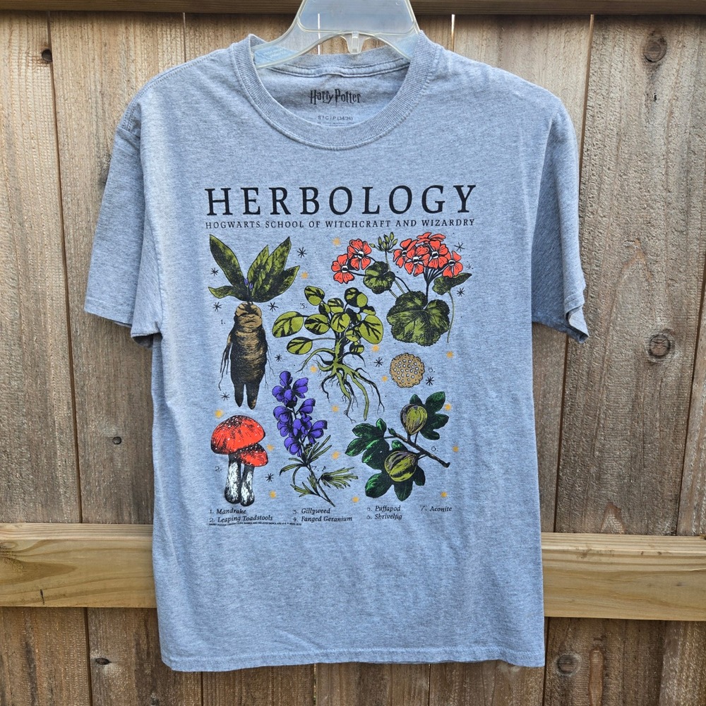 Harry Potter Herbology Graphic T-Shirt Gray Hogwarts Botanical Print Small